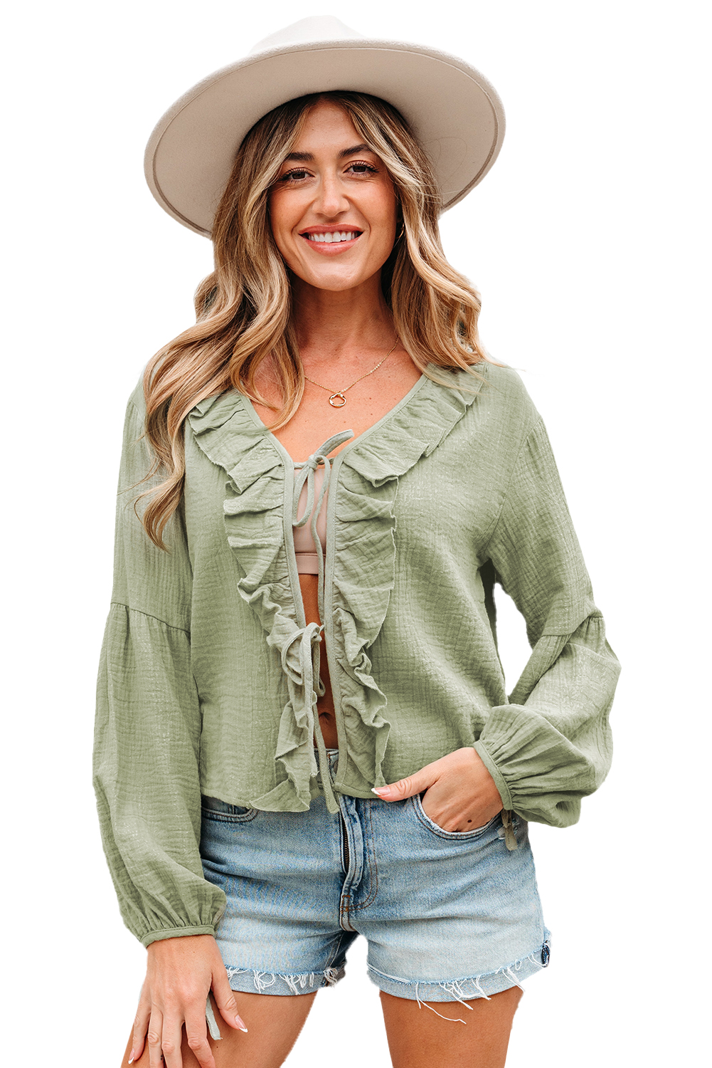 Women's Meadow Mist Green Bow Tie Front Ruffle Trim V Neck Long Sleeve Blouse - Detail View 21