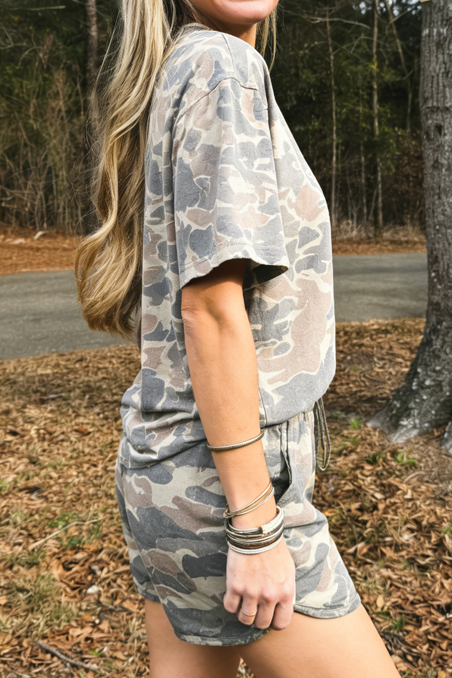 Summer Camouflage Matching Set – Trendy Women's Casual Short Sleeve Outfit for Outdoor Adventures - Detail View 3
