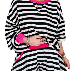 Women's Black Stripe Contrast Ribbed Banding Long Sleeve Blouse and Loose Shorts Set - Main View