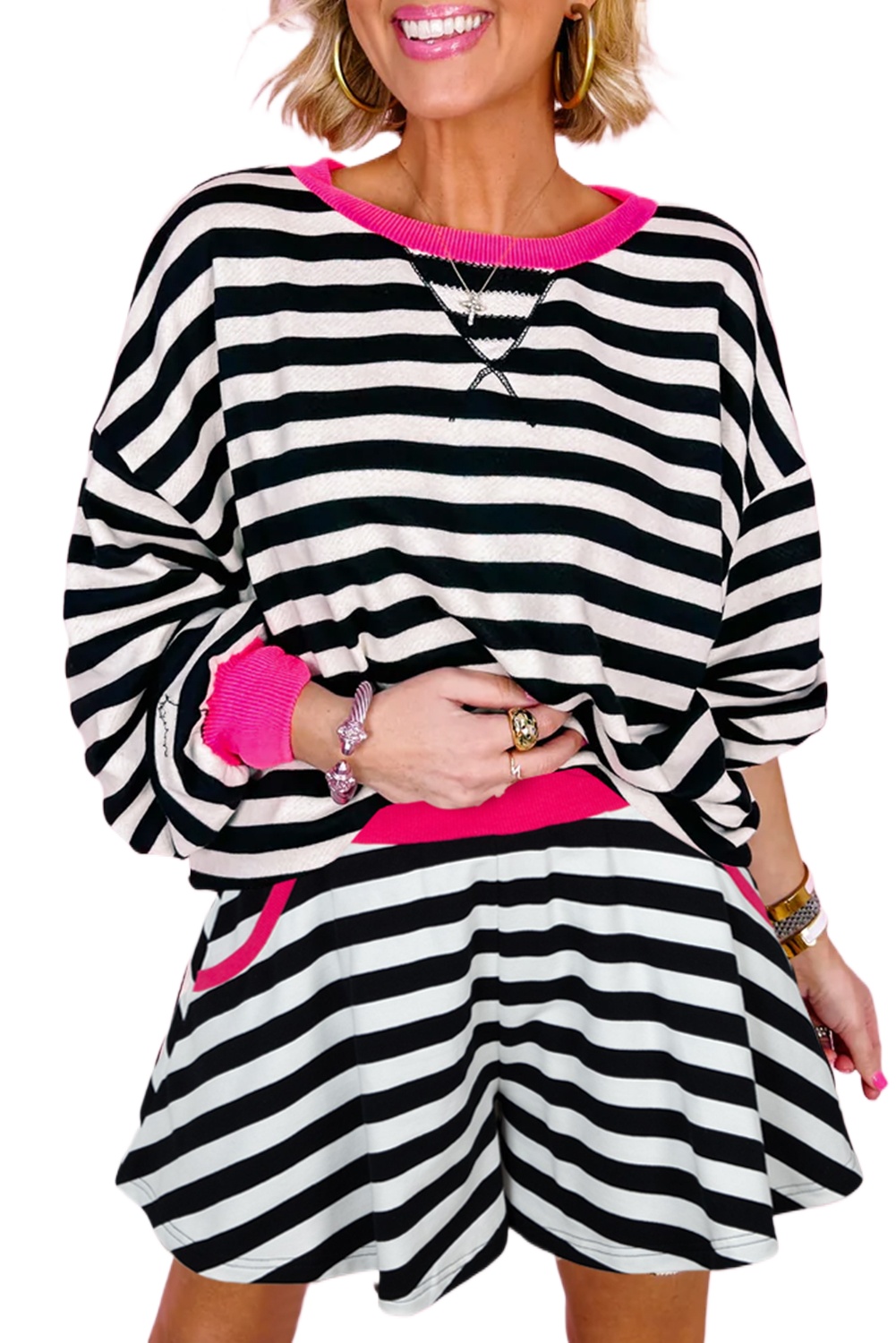 Women's Black Stripe Contrast Ribbed Banding Long Sleeve Blouse and Loose Shorts Set - Main View