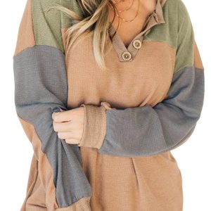 Women's Buckskin Color Block Thermal Henley Top – Casual Long Sleeve V-Neck for Fall Outings - Main View