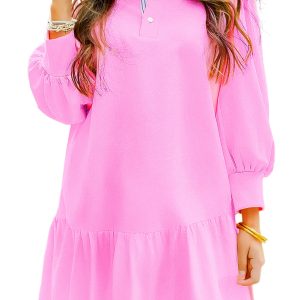 Women's Pink Contrast Striped Collar Puff Sleeve Mini Dress with Ruffle Hem - Main View