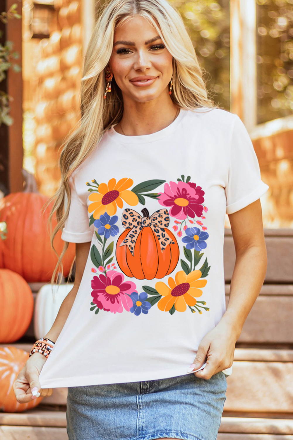 Casual Relaxed Fit White Holiday T-Shirt with Pumpkin Floral Design - Detail View 7