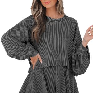 Women's Dark Grey Corded Lantern Sleeve Top & High Waist Ruffled Mini Skirt Set – Casual Autumn Ensemble - Main View