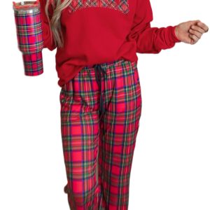 Women's Red Plaid Mama Graphic Christmas Lounge Set – Cozy Crewneck Pullover and Pants for Holiday Relaxation - Main View
