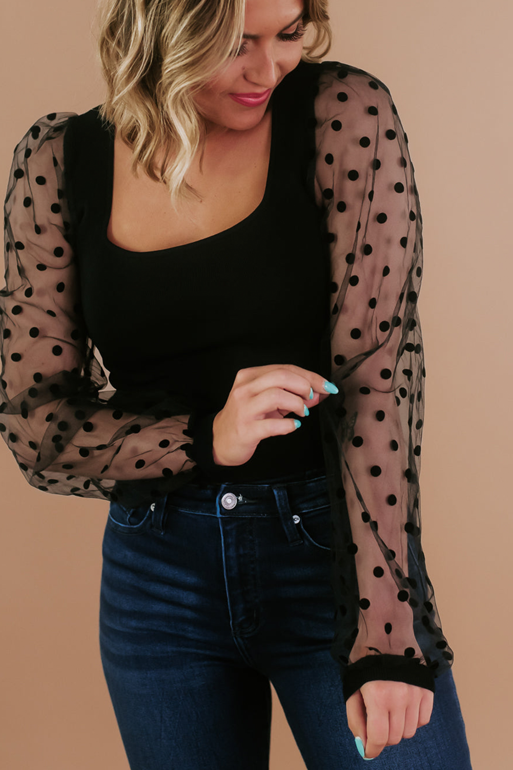 Elegant Black Polka Dot Mesh Puff Sleeve Slim Top with Square Neck - Detail View 5