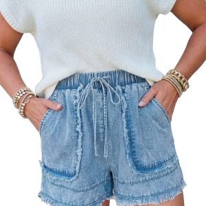Women's Frayed Edge Denim Shorts – High Waist Casual Summer Jean Shorts with Pockets - Main View