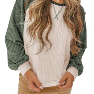 Women's Mist Green Waffle Color Block Raglan Sleeve Top for Casual Wear - Main View