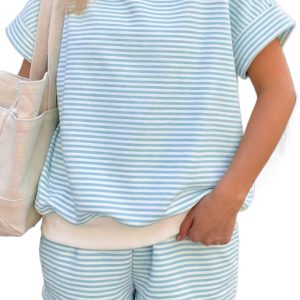 Women's Sky Blue Striped Short Set – Cuffed Sleeve Mock Neck Tee and Shorts, Casual 2-Piece Summer Outfit - Main View