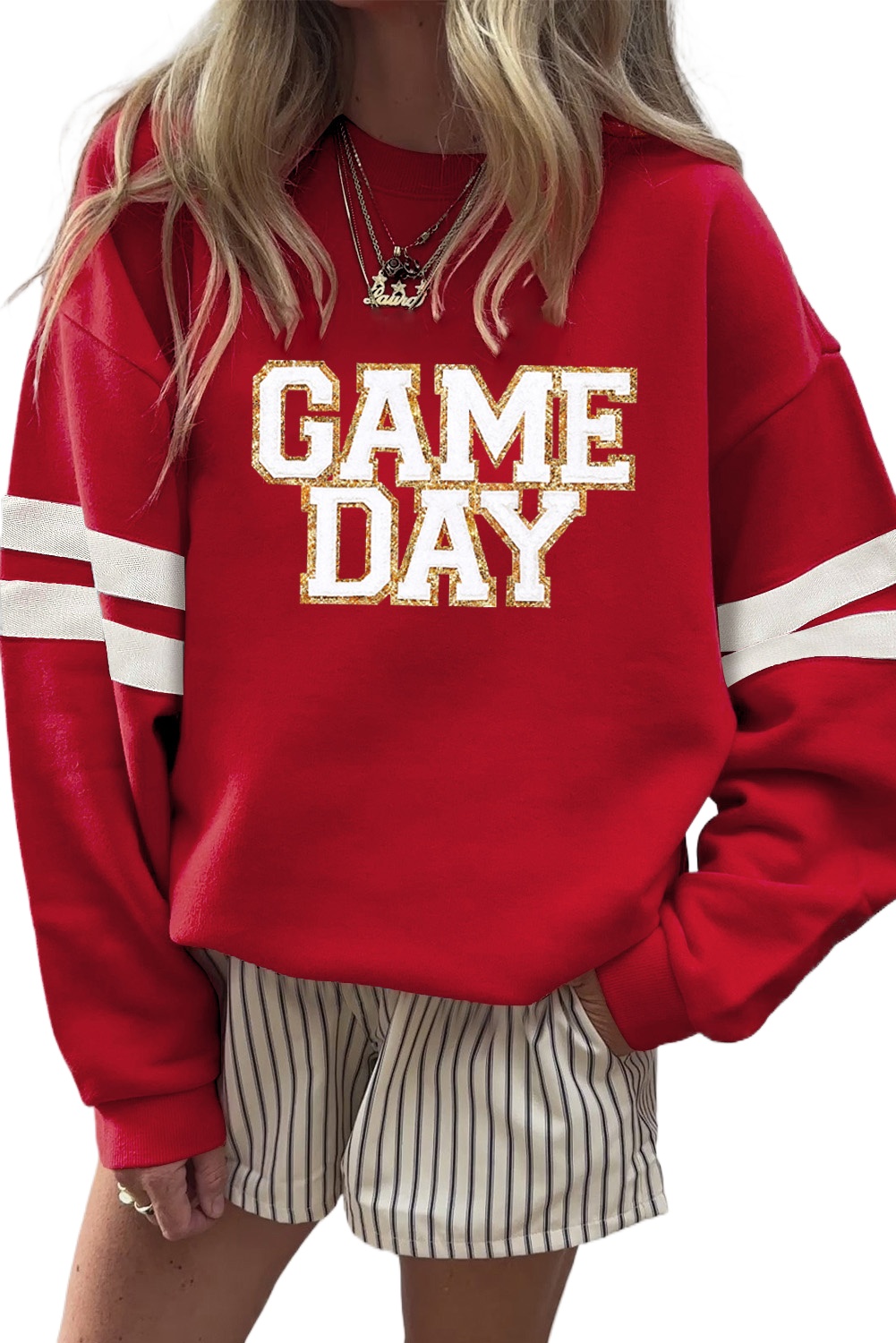 Casual Long Sleeve Round Neck Sweatshirt - Fiery Red with Glitter Details - Detail View 2