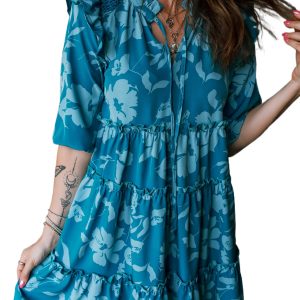 Women's Blue Floral Half Sleeve Mini Dress – Casual Ruffled A-Line for Summer Outings
