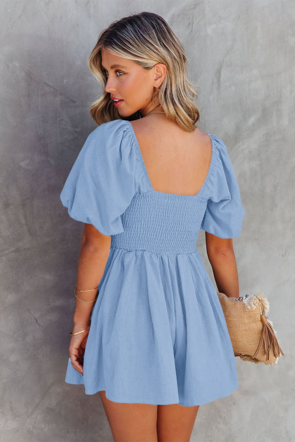 Summer Cotton Romper for Women – Solid Color Ruched Square Neck One-Piece with Puff Sleeves - Detail View 2