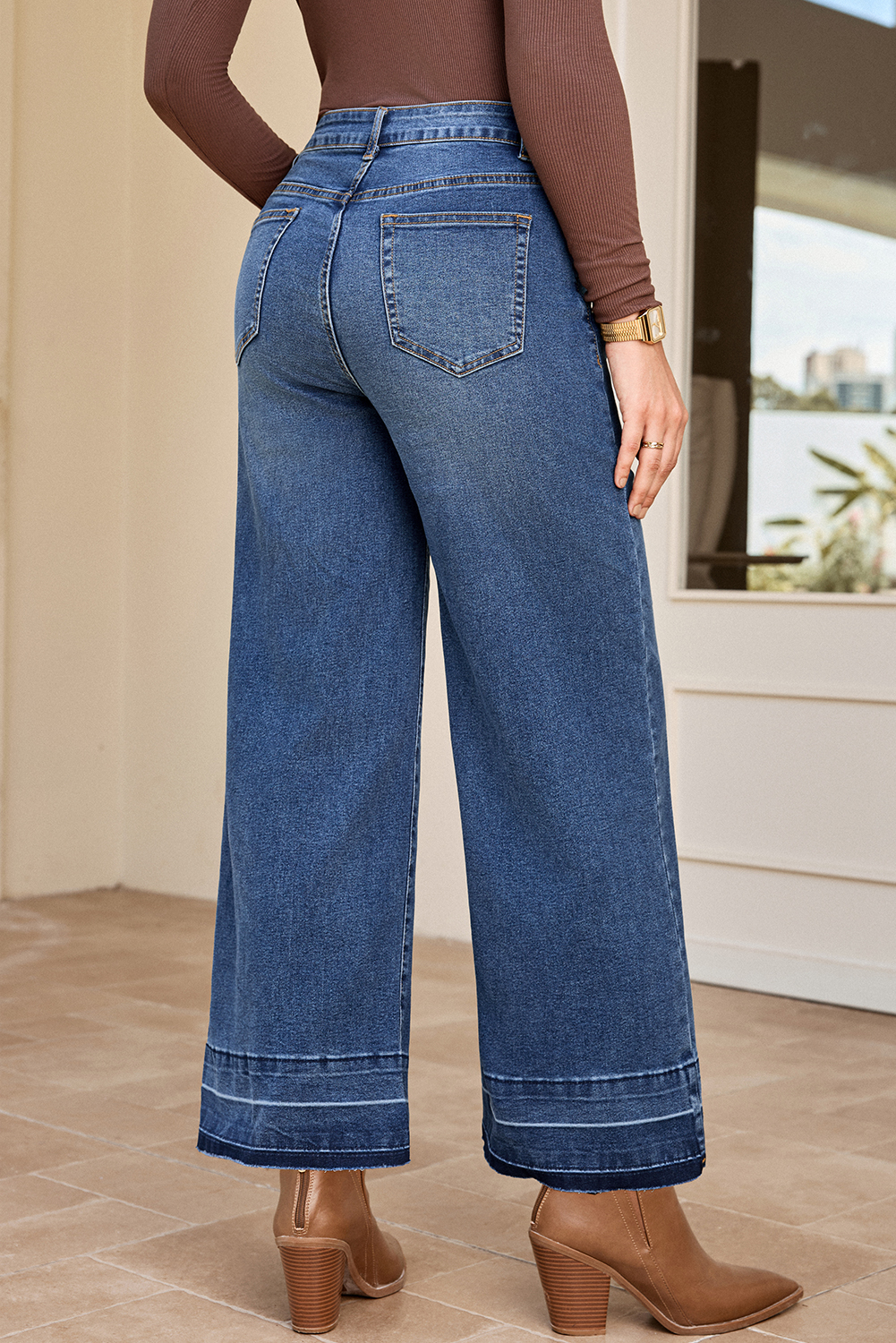 Women's Navy Blue Raw Hem Straight Leg High Waist Jeans - Casual Everyday Style - Detail View 9