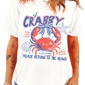 Women's White Crabby Graphic Tee – Short Sleeve Summer Vacation T-Shirt, Casual Round Neck Slogan Top