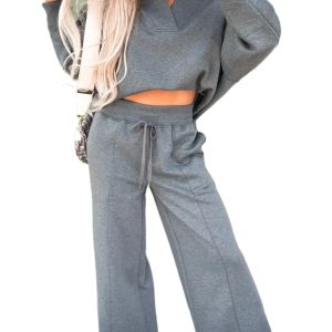 Women's Medium Grey Collared V Neck Pullover & Sweatpants Set – Cozy Casual Style for Fall