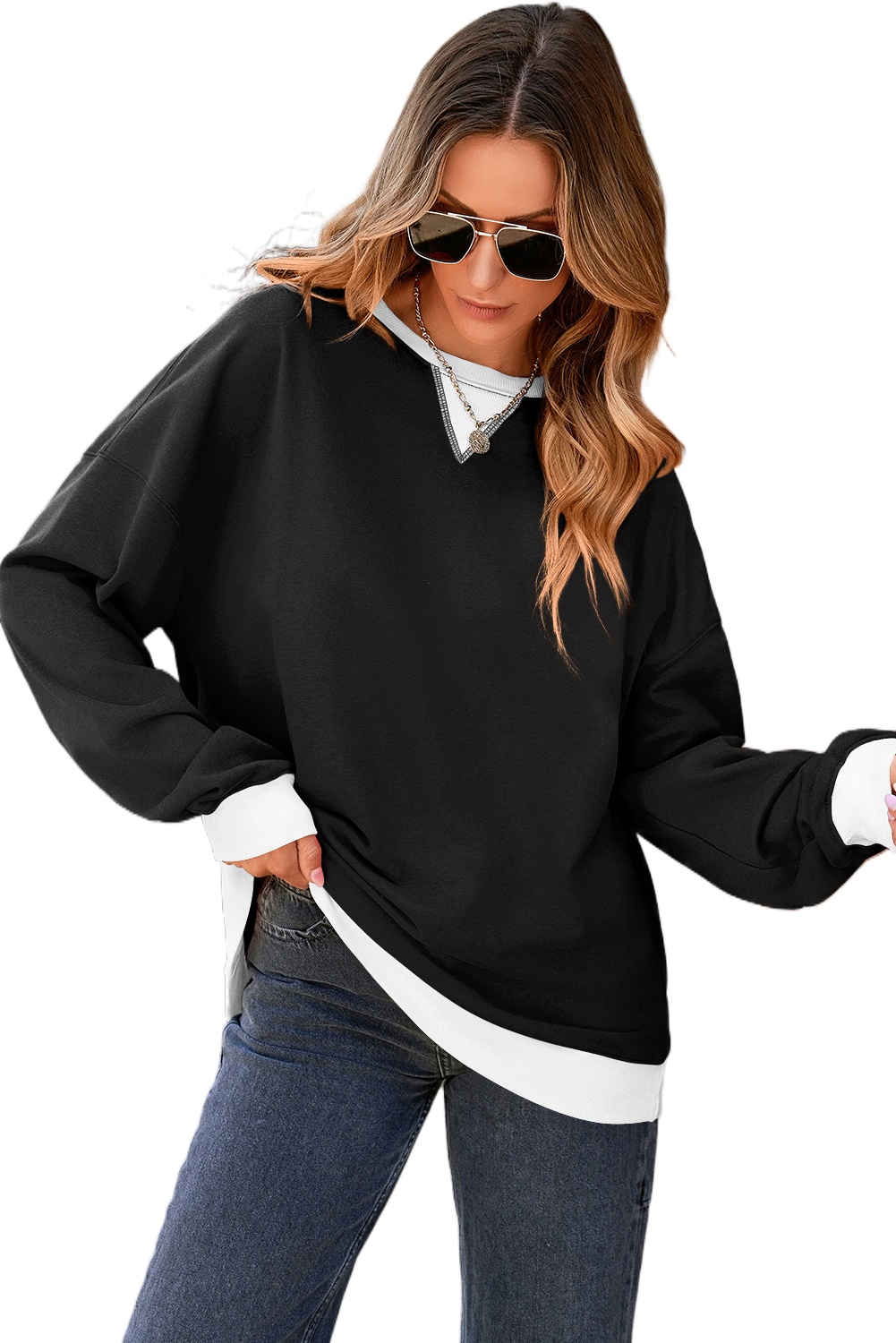 Oversized Long Sleeve Black Color Block Sweatshirt - Perfect for Fall & Autumn - Detail View 2