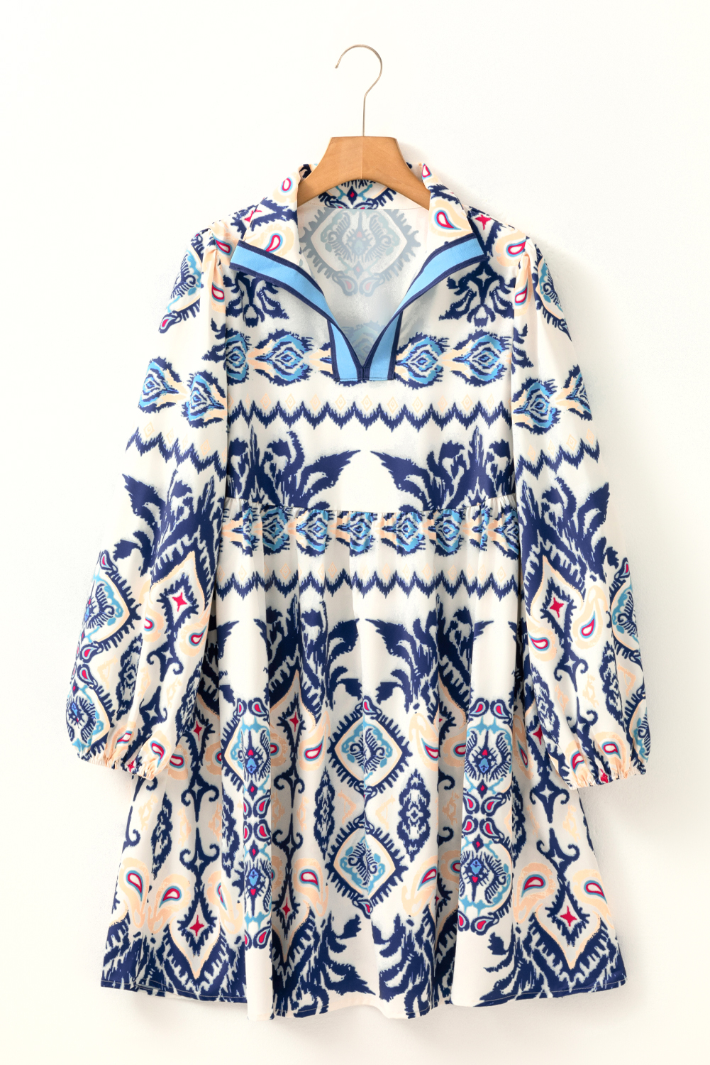 Casual Spring Dress: Blue Flowing A-Line Mini Dress with Split Neck and Braided Details - Detail View 3