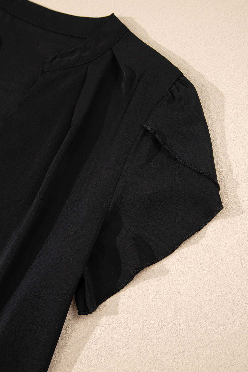 Women's Blouse, Black Silky Blouse, Petal Sleeve, Notched Neckline, V Neck, Casual Style, Daily Wear, Short Sleeve, Modern Fashion, Summer Top, Solid Pattern, Comfortable Fit - Detail View 12