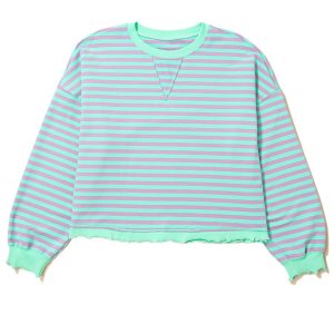 Women's Green Stripe Oversize Sweatshirt with Exposed Seams and Ribbed Trim – Casual Daily Wear for Fall Comfort - Main View