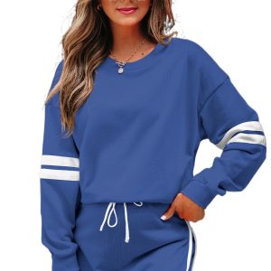 Women's Sky Blue Varsity Stripe Pullover Mini Skirt Set – Casual Drop Shoulder Long Sleeve Ensemble for Daily Wear - Main View