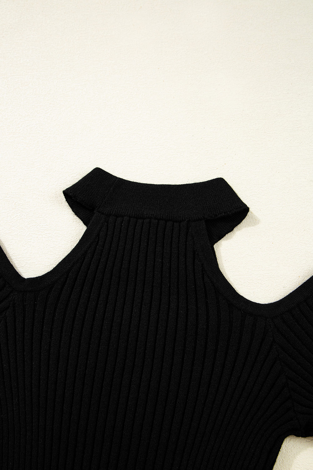 Women's Sweater, Black Cold Shoulder, Choker Neck, Ribbed Knit, Long Sleeve, Seductive Style, Modern Fashion, Daily Wear, Cozy Autumn Sweater, Unique Texture, Off-the-Shoulder Design, Fall Fashion, Sheath Silhouette - Detail View 8
