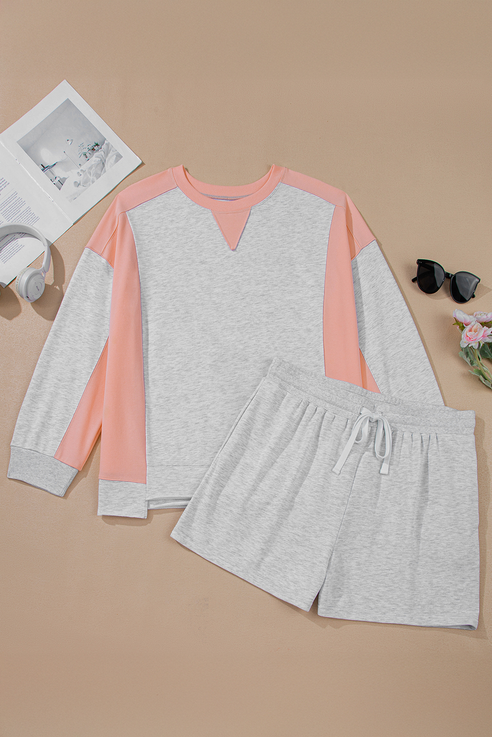Plus Size Outfit, Light Grey, Casual Set, Colorblock, Pullover, High Waist Shorts, Daily Wear, Fall Fashion, Autumn Style, Comfortable, Stylish, Patchwork Pattern, Long Sleeve, Shift Silhouette - Detail View 8