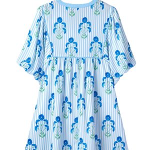 Women's Sky Blue Floral Striped Bubble Dress – Casual Plus Size Short Sleeve for Summer Outings