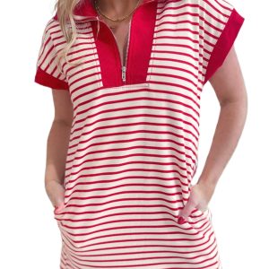 Women's Striped Quarter Zip T-Shirt Dress – Casual Short Sleeve Shift Dress with Pockets