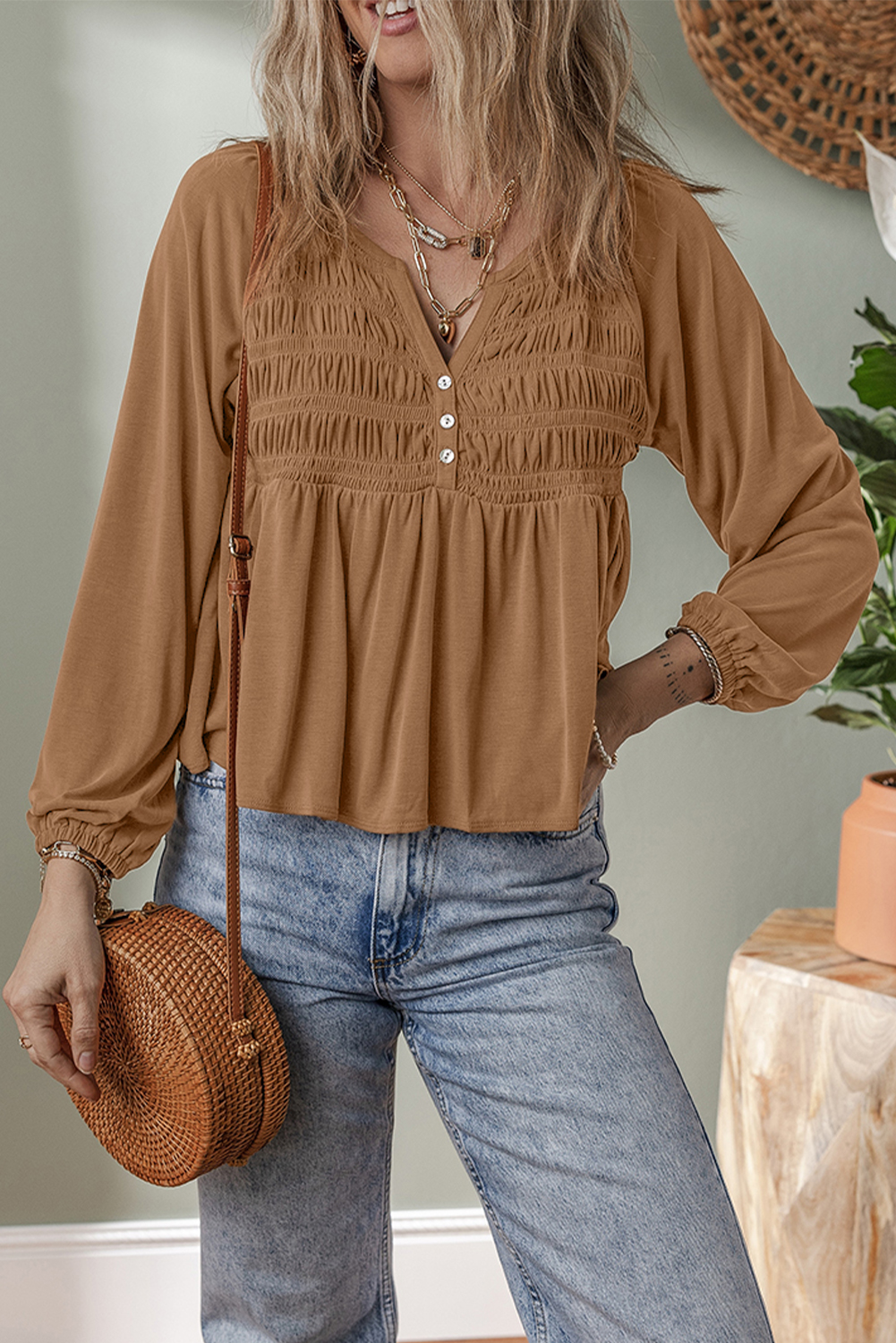 Chic Casual Cinnamon Blouse with Smocked Details and V Neck Design - Detail View 6