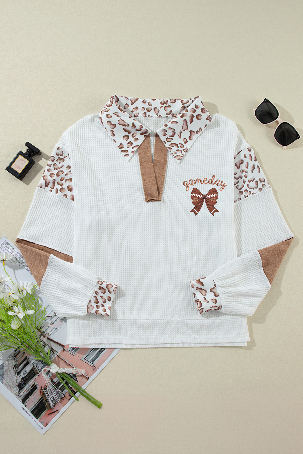 Stylish Women's Rugby-Inspired Tee with Leopard Print Collar - Perfect for Game Days - Detail View 7