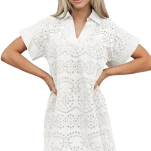 Women's White Eyelet Embroidered Mini Dress – Casual Summer Shift Dress for Vacation & Daily Wear