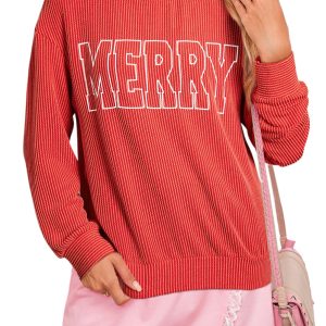Casual Women's Fiery Red Twisted Rib Long Sleeve Top – Merry Letter Graphic for Everyday Wear - Main View