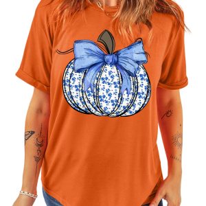 Women's Orange Floral Pumpkin Bow Print Thanksgiving T-Shirt - Main View