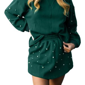 Women's Dark Green Beaded Pullover Mini Skirt Set for Daily Wear