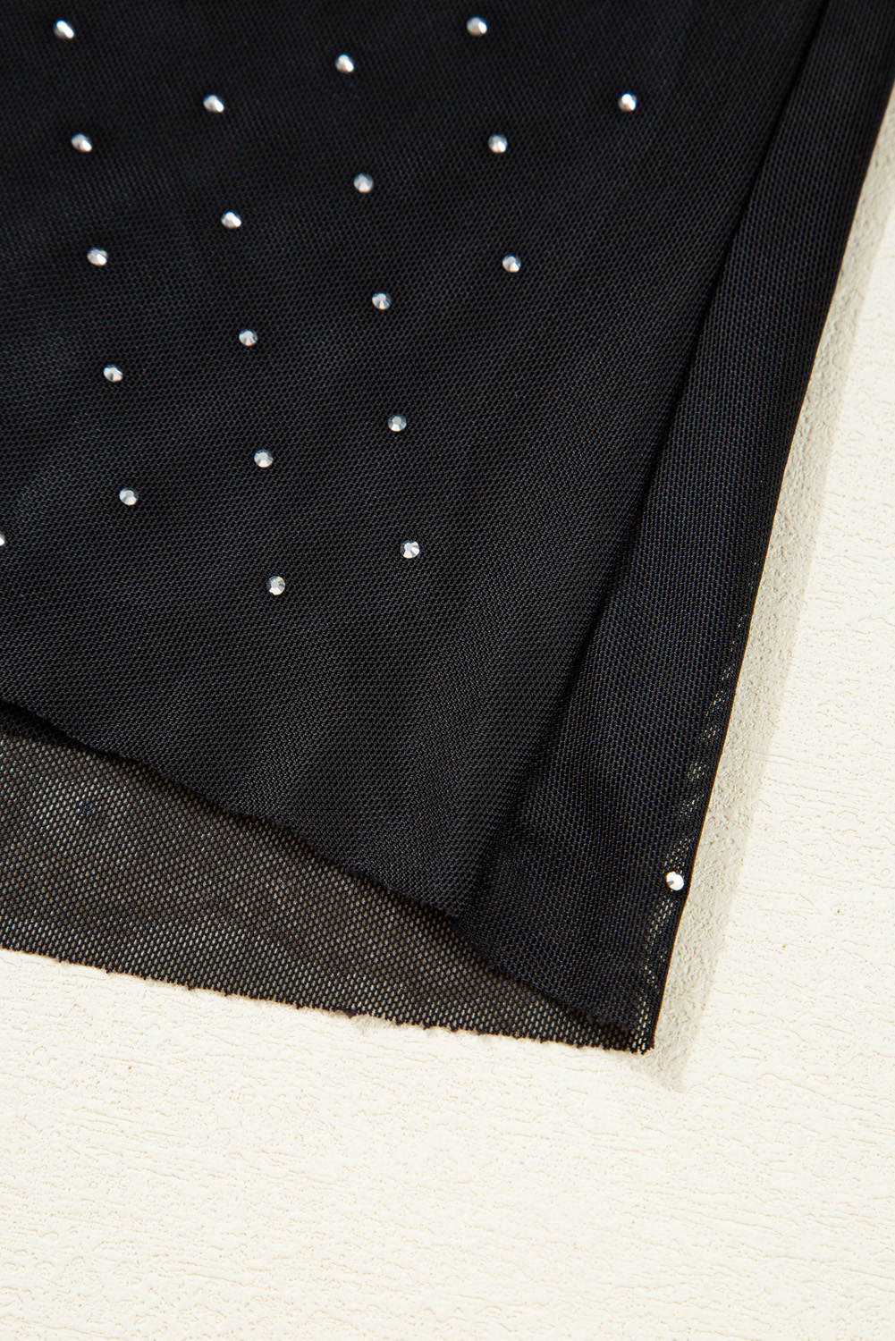 Women's Black Rhinestone Embellished Mesh Long Sleeve Top - Elegant Sheath Design - Detail View 13