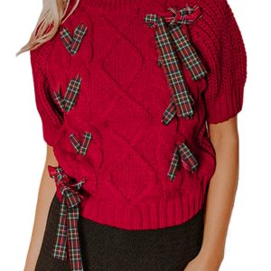 Women's Fiery Red Plaid Puff Sleeve Sweater – Lace-Up Detail for Christmas Festivities - Main View
