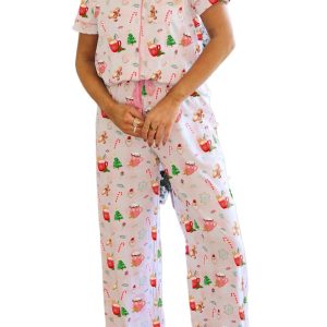 Women's Pink Christmas Print Short Sleeve Pajama Set – Casual Home Lounge 2-Piece