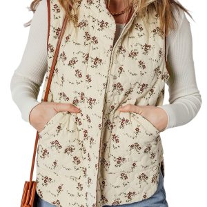 Women's Apricot Floral Print Zip Up Quilted Vest - Casual Winter Layering - Main View