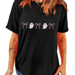 Women's Black Ghost Bow Embroidered Loose T-Shirt for Halloween - Main View