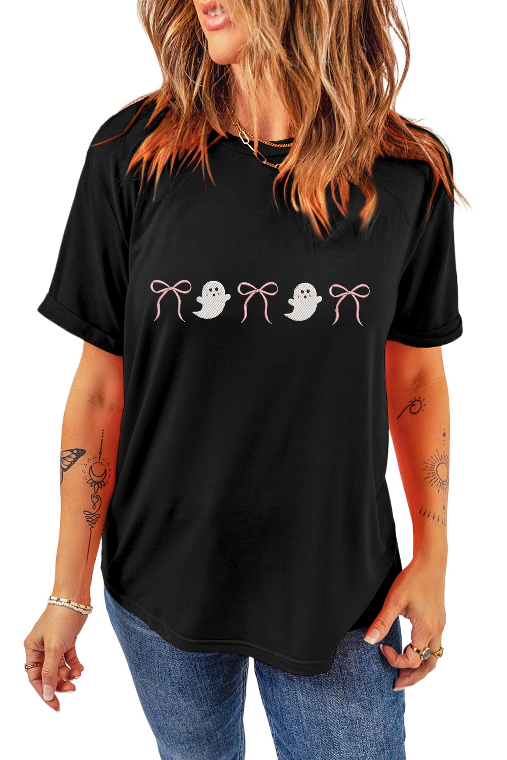 Women's Black Ghost Bow Embroidered Loose T-Shirt for Halloween - Main View