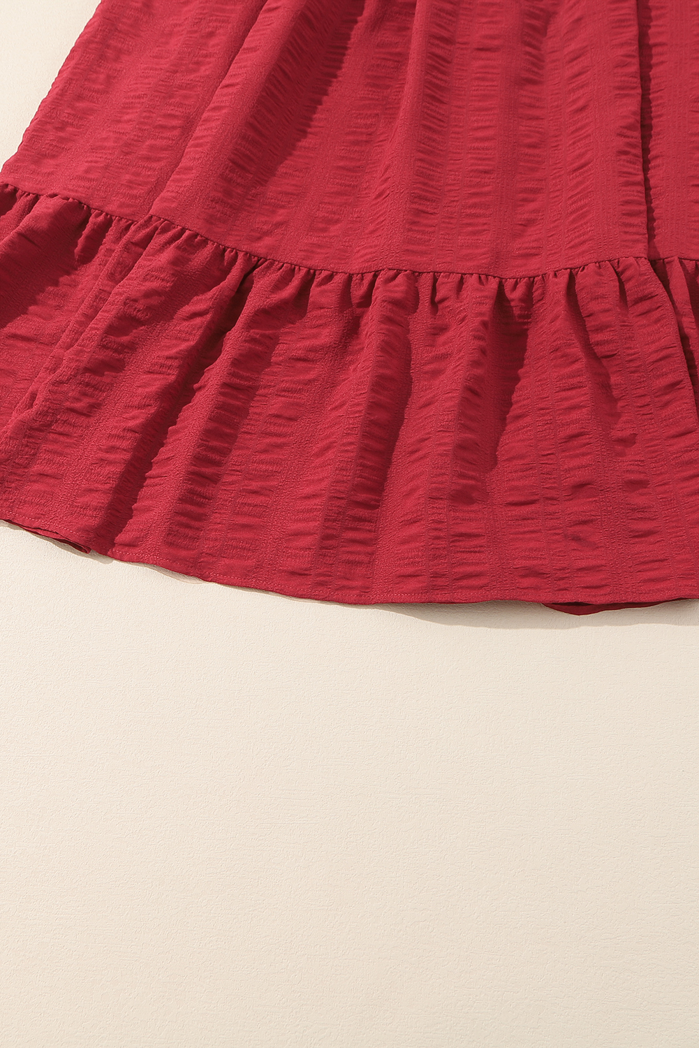 Plus Size Dress, Fiery Red, Midi Dress, Long Sleeve, Ruffle Hem, Lace-up, Ruched Front, Elegant Style, Daily Wear, High Waist, Comfortable Fit, Solid Pattern - Detail View 16