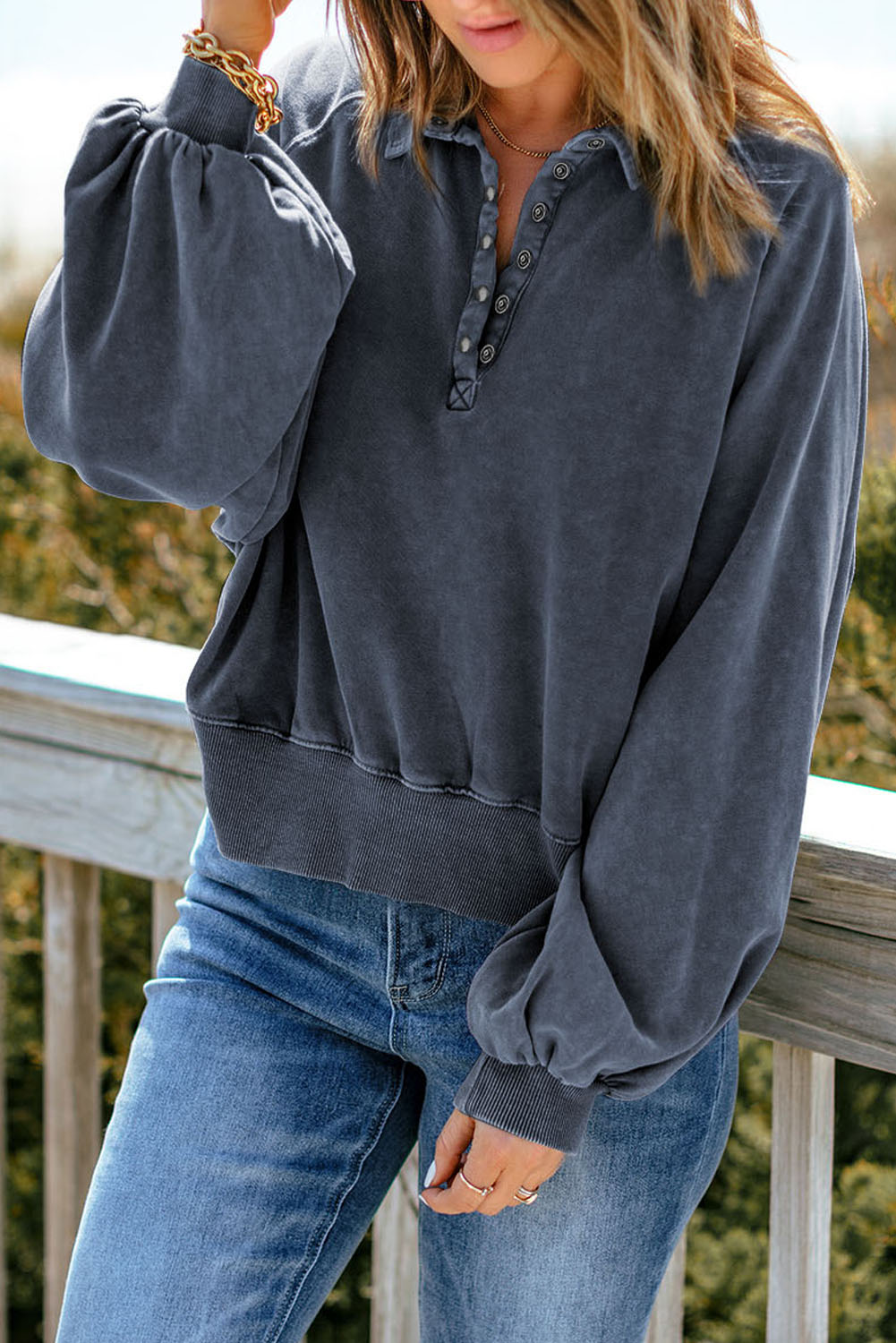 Trendy Blue Lantern Sleeve Pullover - Comfortable and Versatile for Daily Wear - Detail View 3