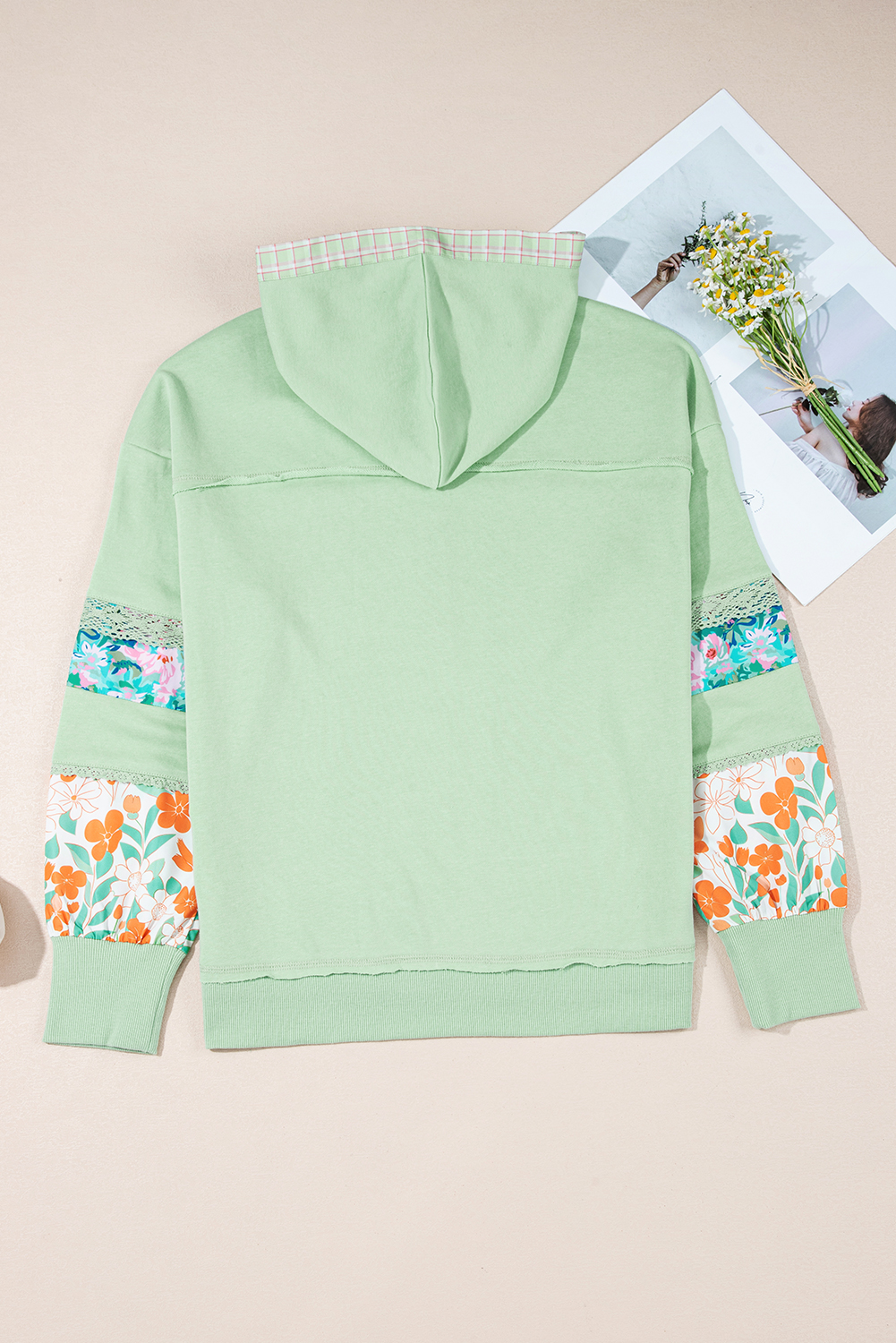 Clearly Aqua Lace Floral Patchwork Half Button Hooded Pullover for Women - Detail View 17