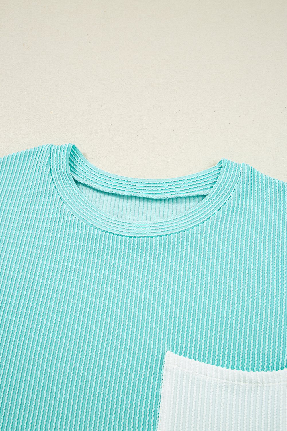 Trendy Women's Round Neck Long Sleeve Top in Iceland Blue - Unique Twisted Rib Fabric - Detail View 7
