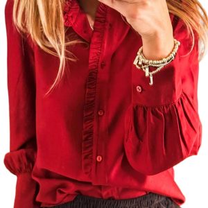 Women's Fiery Red Frilled Trim Long Sleeve Shirt – Casual Pleated Button-Up for Daily Wear