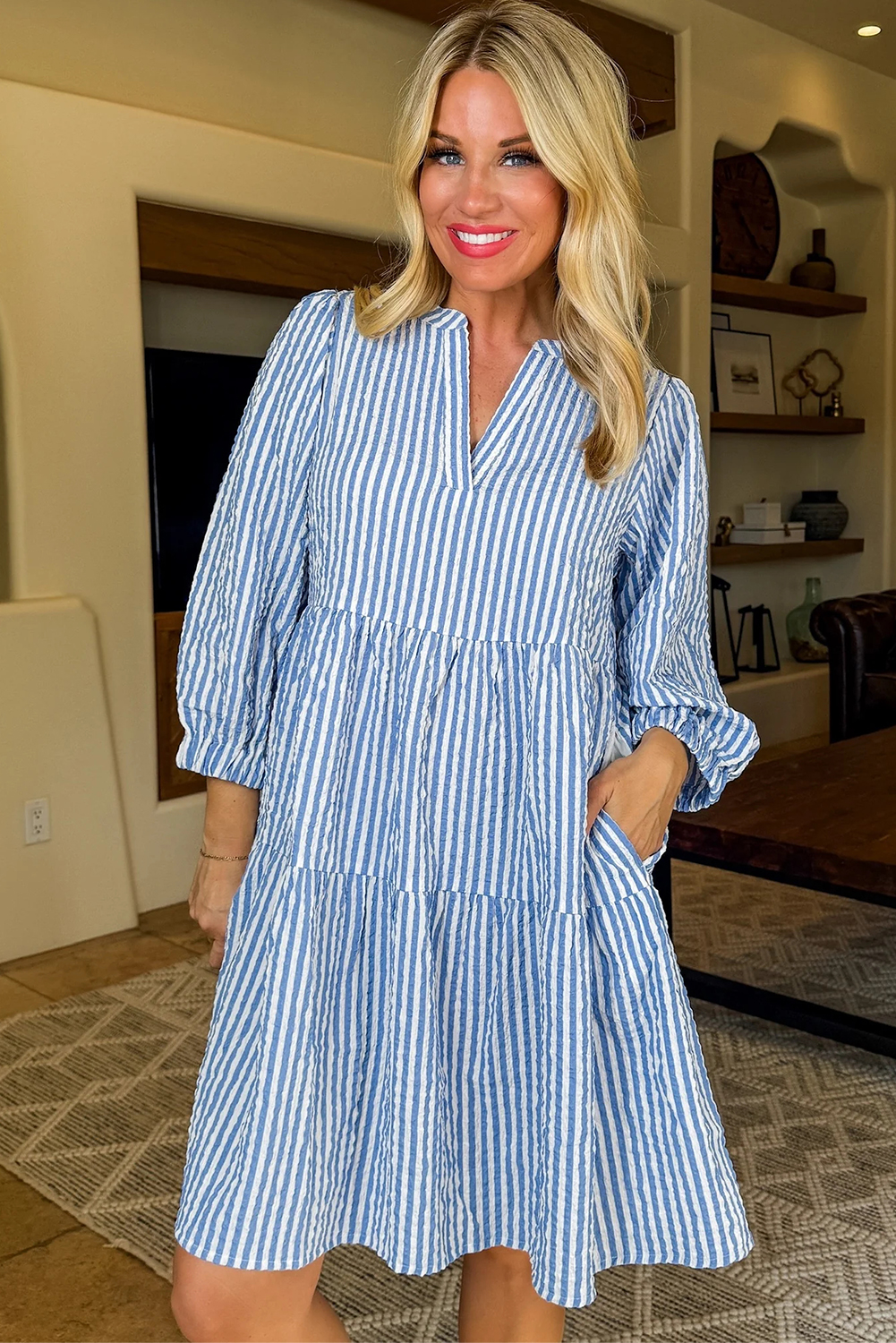 Chic Sky Blue Stripe Mini Dress - Bracelet Sleeves, V Neck, and Pockets - Detail View 6