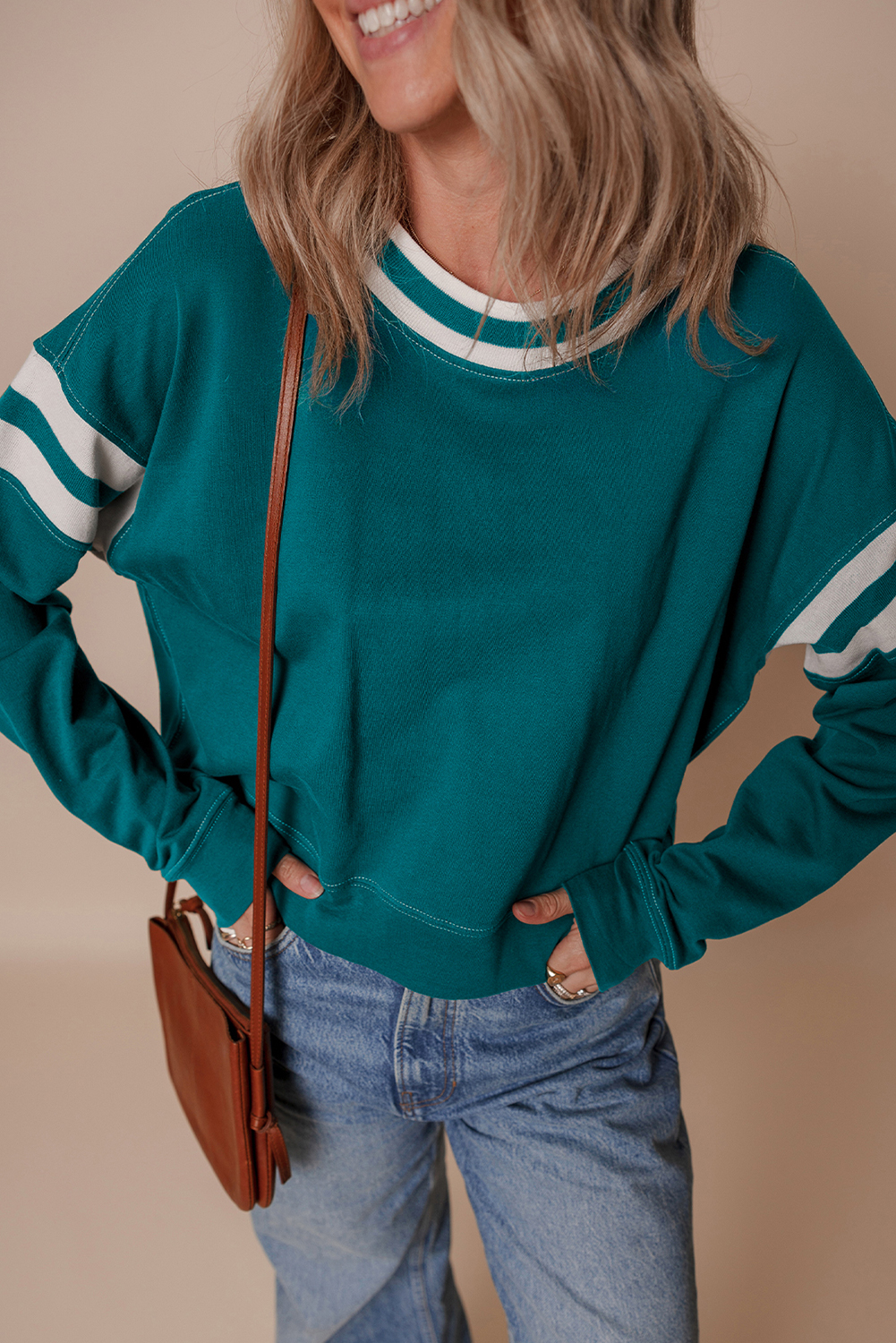 Women's Blackish Green Contrast Striped Patchwork Round Neck Drop Shoulder Sweatshirt - Detail View 5