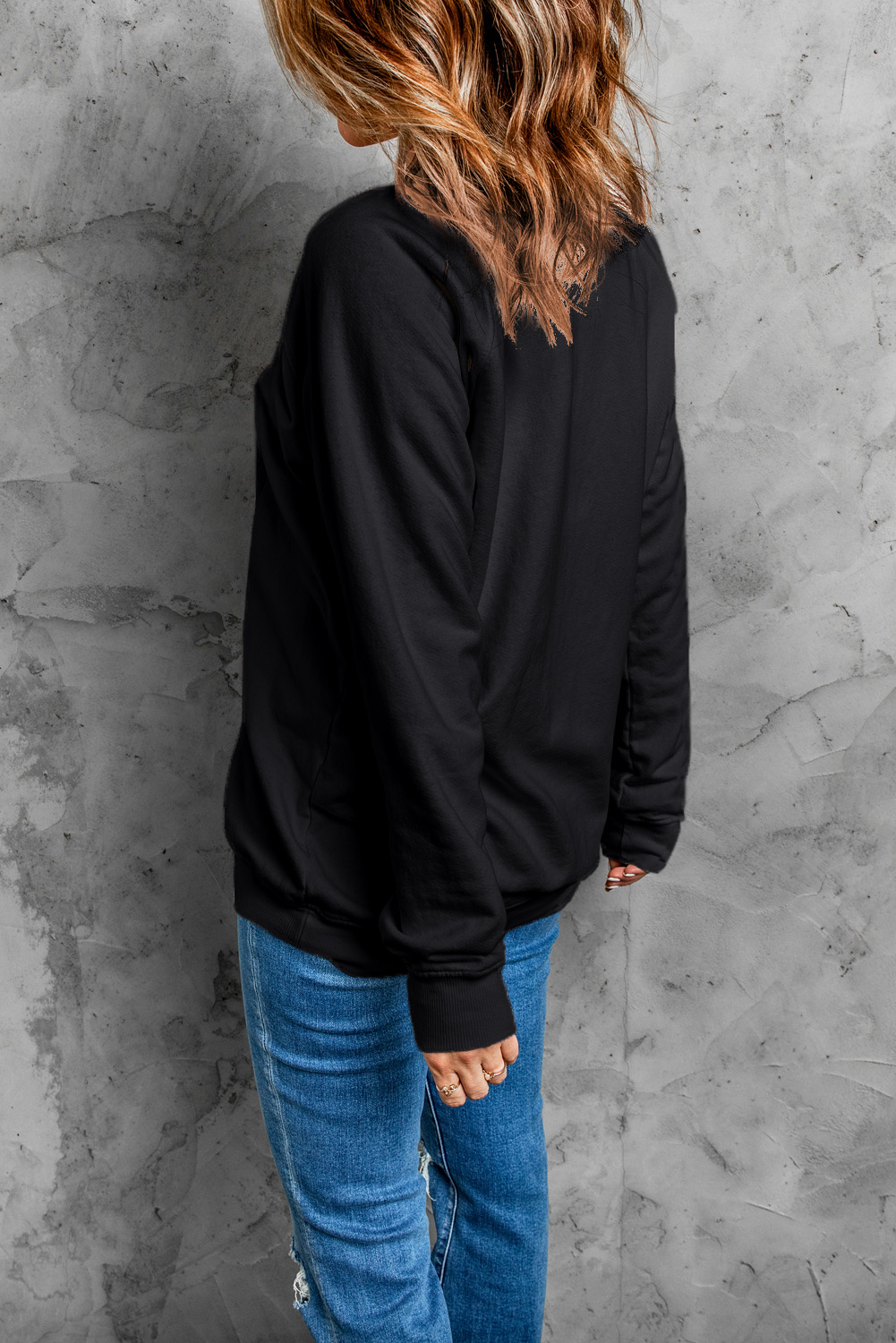 Women's Sweatshirt, Black Sweatshirt, Halloween Print, Spooky Face Design, Casual Style, Long Sleeve, Daily Wear, Comfortable Fit, Round Neck, Holiday Fashion, Trendy Sweatshirt - Detail View 8
