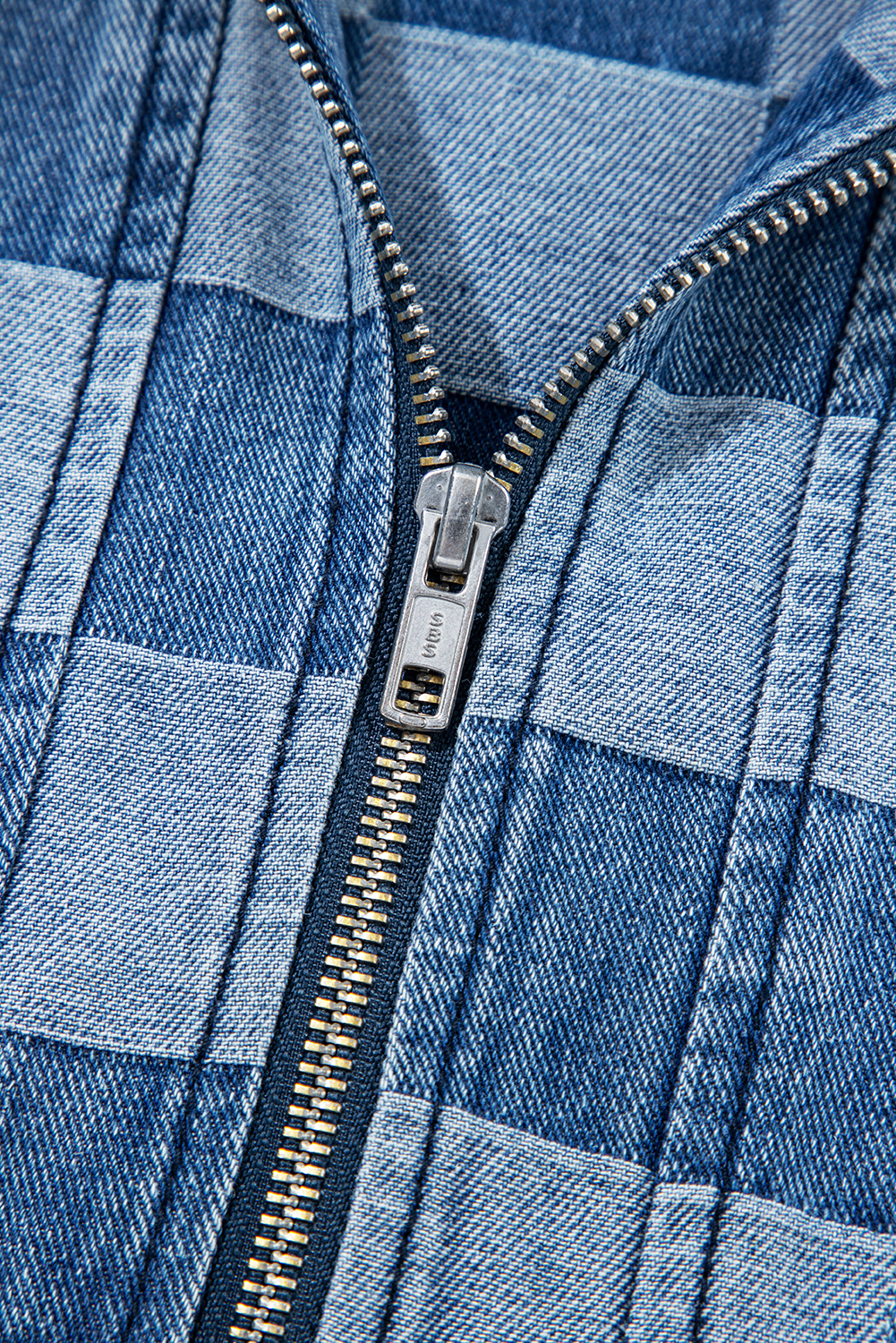 Sky Blue Checkerboard Zipped Neck Denim Hoodie with Kangaroo Pocket - Detail View 9