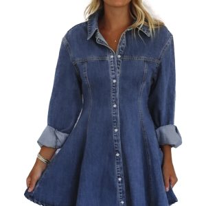 Women's Ashleigh Blue Denim Mini Dress – Casual Long Sleeve Flared Style for Everyday Wear